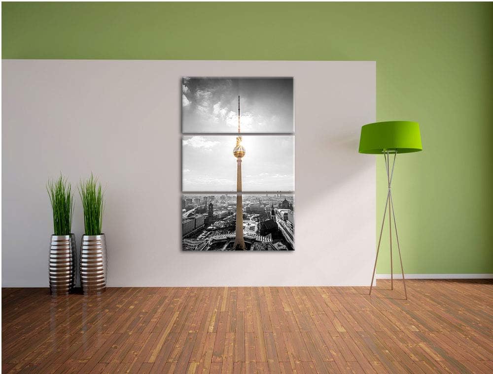Berliner Fernsehturm am späten Nachmittag schwarz/weiss 3-Teiler Leinwandbild 120x80 Bild auf Leinwa
