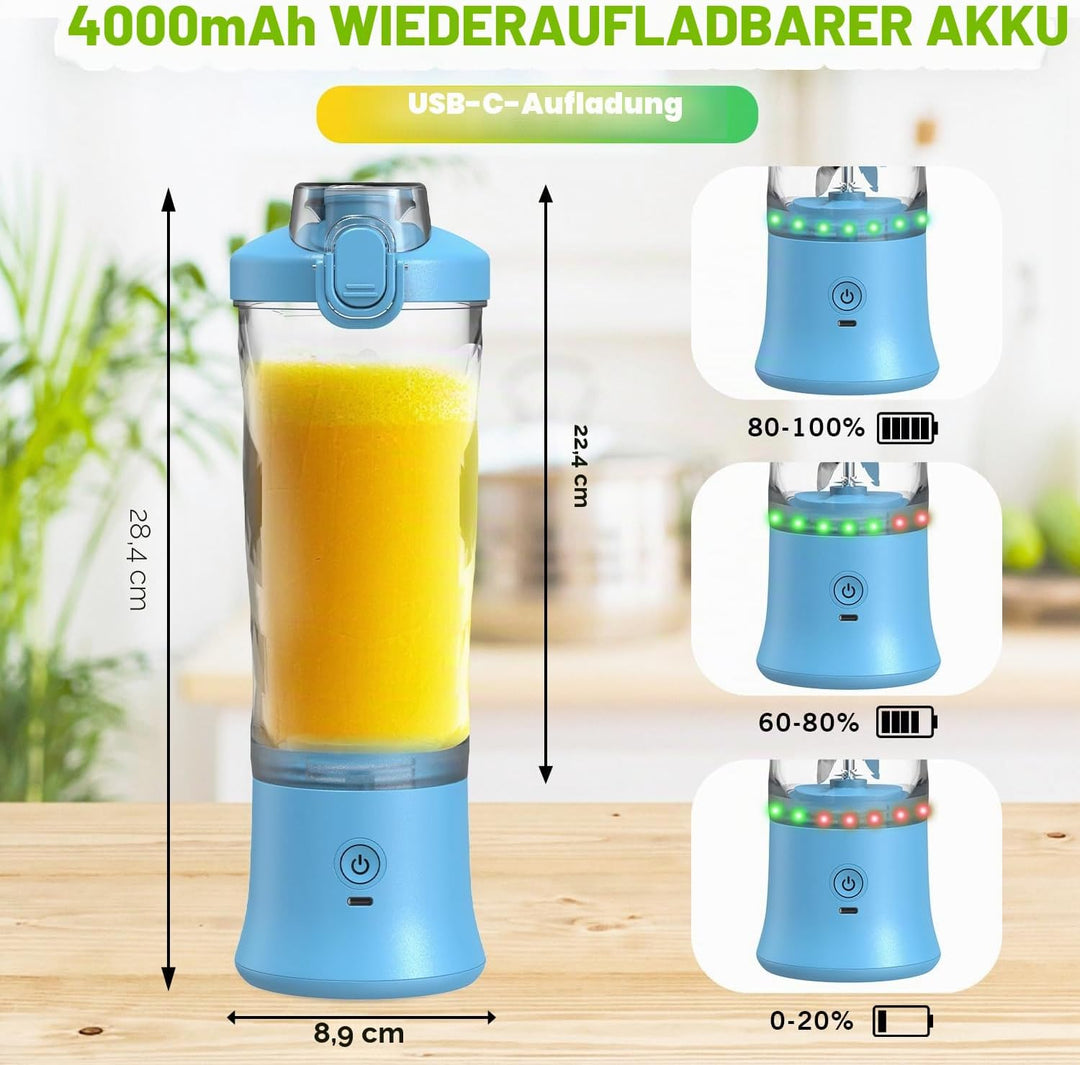 Tragbarer Mixer Smoothie Maker - 600ml Mini Standmixer to Go - 6 Klingen, Reisedeckel und Isolierte