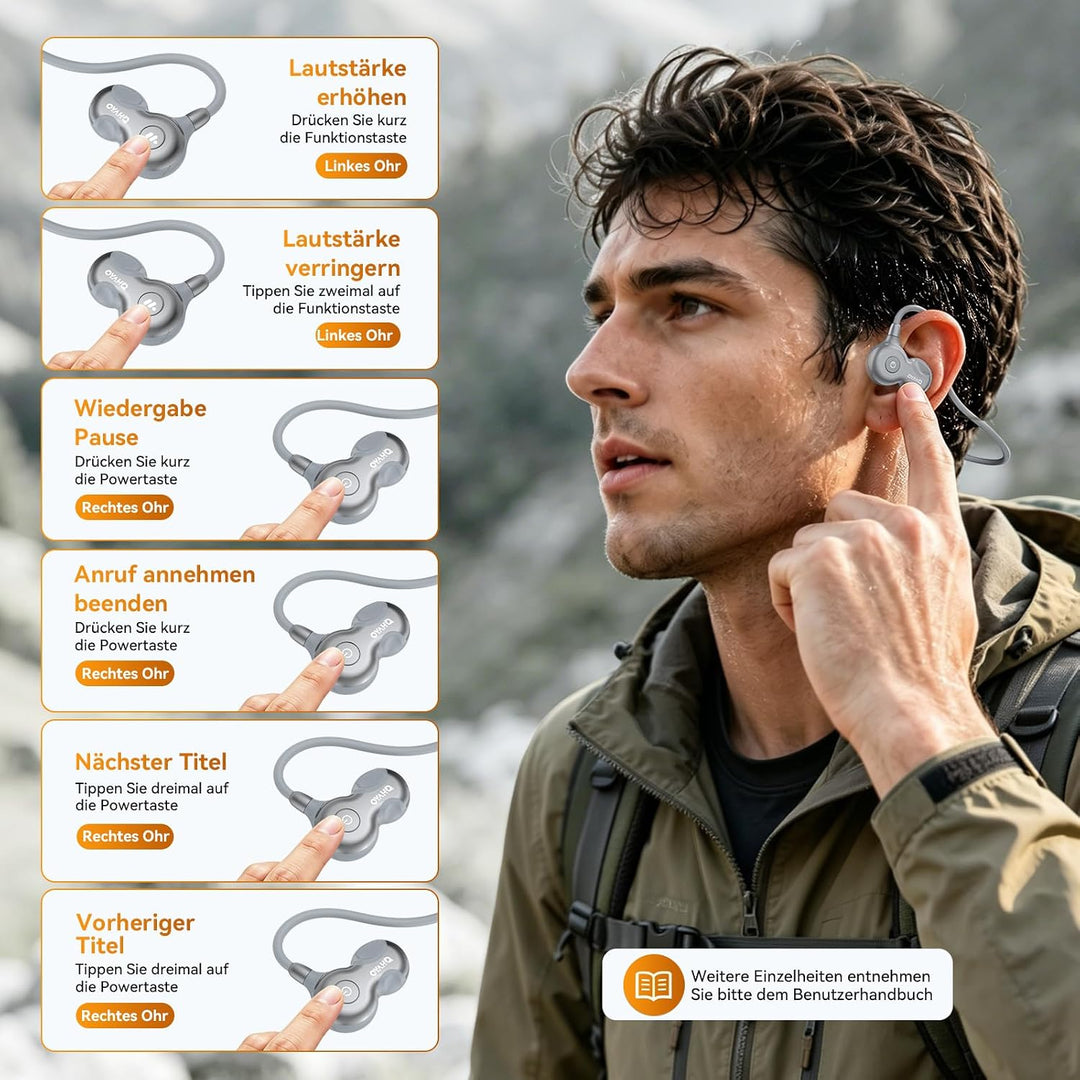 OHAYO Open Ear Kopfhörer Bluetooth, Kopfhörer Joggen, Bluetooth 6.0, Wasserdicht nach IPX7, 10h Lauf