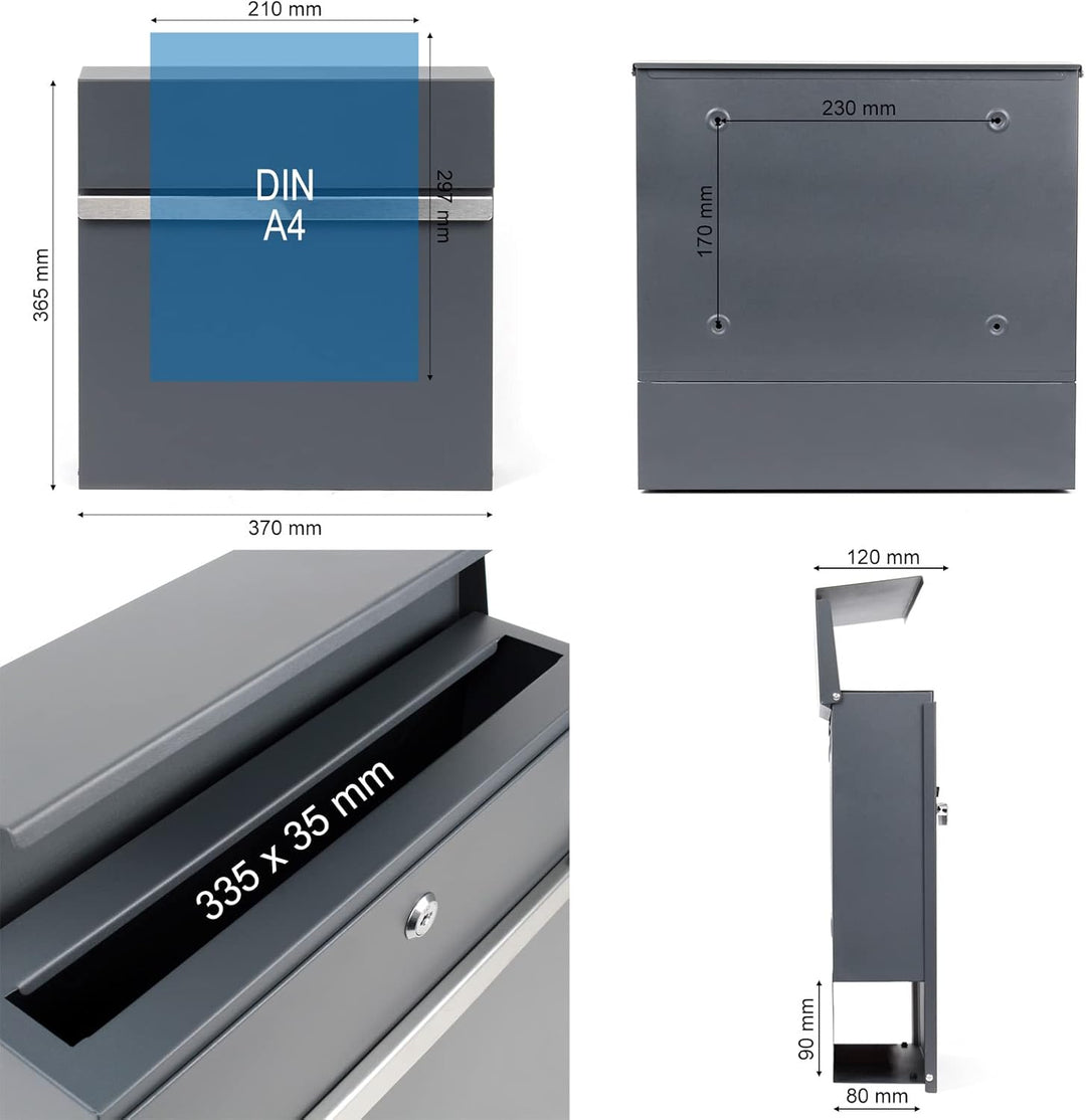 Wiltec Designer Briefkasten V50 Anthrazit und Edelstahl 370 x 105 x 370 mm, Wandbriefkasten mit Schl