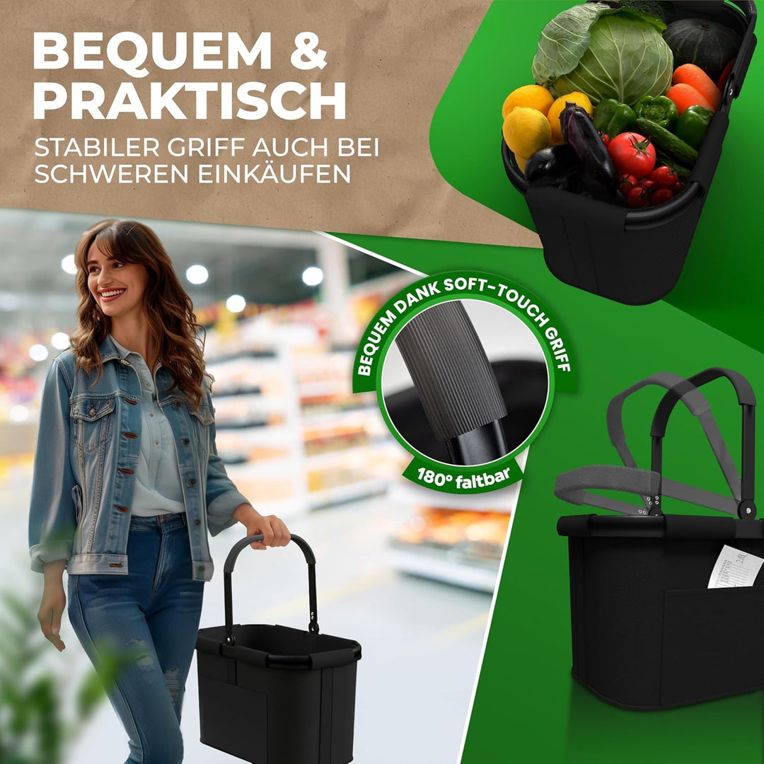 Cottara® stabiler Einkaufskorb gross | Einkaufskorb faltbar mit verstärktem Boden, Frontfach und Inn