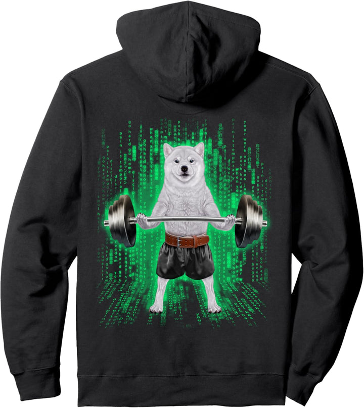 Shiba Inu Hund, der Gewichte im Cyber-Fitnessstudio hebt Pullover Hoodie