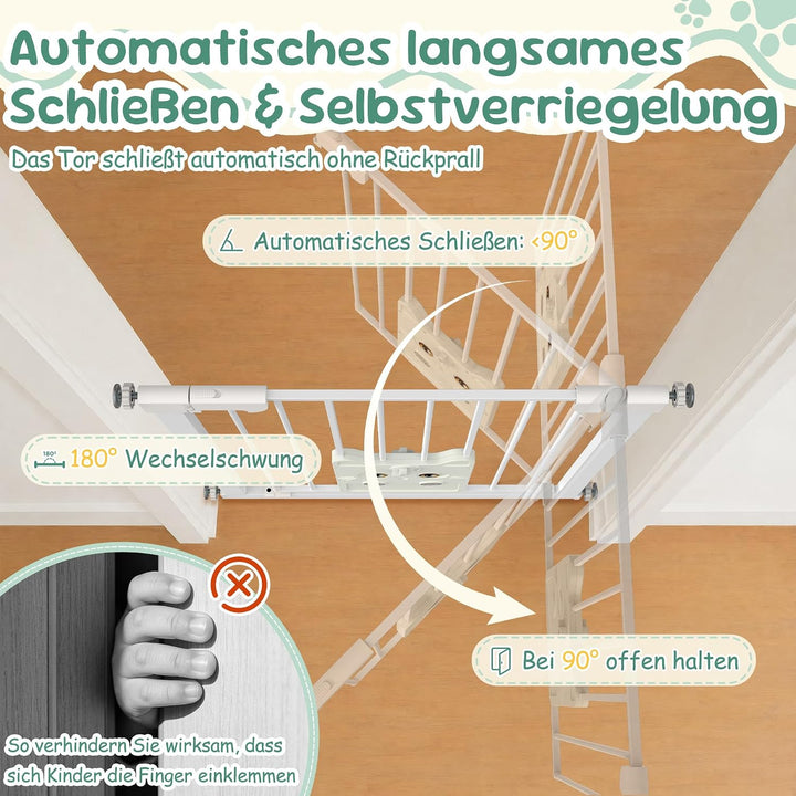 XMTECH Türschutzgitter mit Katzenklappe, ohne Bohren Weiss 95-105cm | Selbstschliessend mit 90° Stop