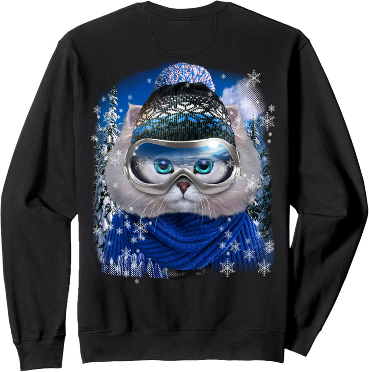 Weisse Katze, die Wintersportbekleidung trägt Sweatshirt