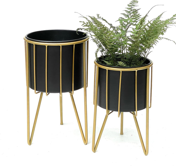 DanDiBo Blumenhocker mit Topf Metall Gold Schwarz Rund 2er Set Blumenständer 96039 Blumensäule Moder
