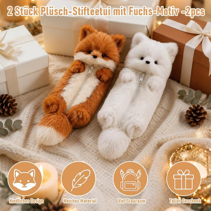 2er Set Plüsch Federmäppchen mit Fuchs Motiv, Weiss &amp; Braun