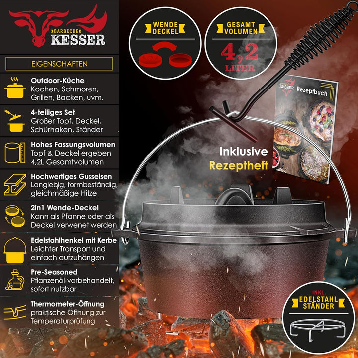 KESSER® Dutch Oven Set BBQ 4,2 Liter, Feuertopf Schmortopf mit Edelstahluntersetzer, Gusseisen Topf