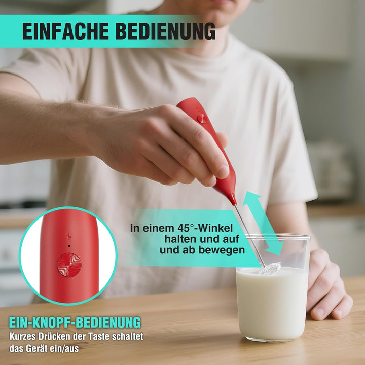 HAUSHOF Milchaufschäumer Stab, Wiederaufladbarer Hand-Milchschäumer, mit Schneebesen aus Edelstahl,