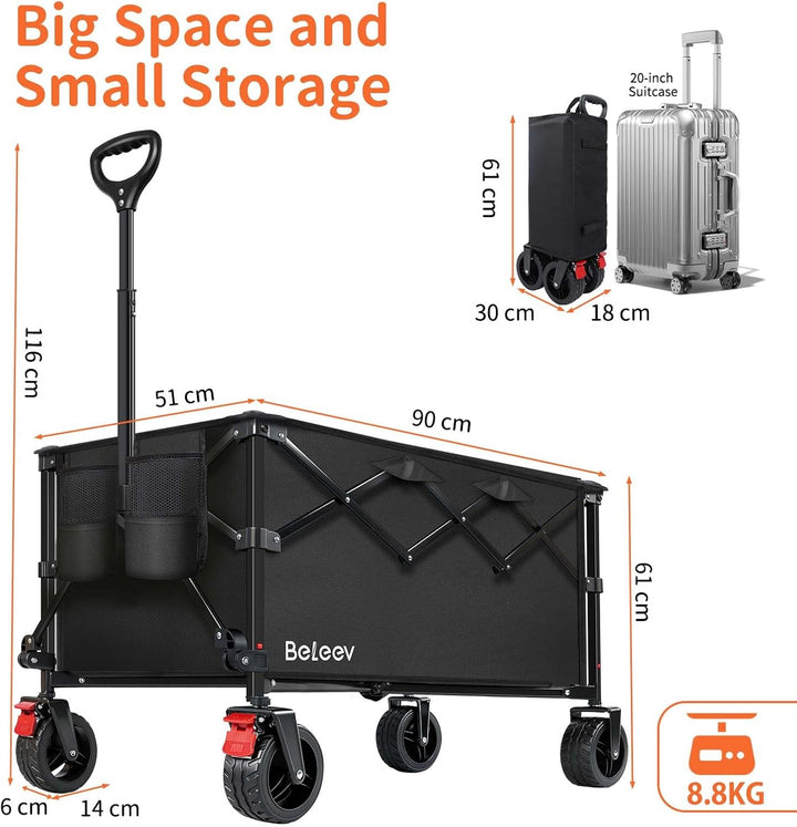 BELEEV Bollerwagen Faltbar mit Bremsen, Handwagen Faltbarer Gross XXXL | All Terrain Räder, Seitenta
