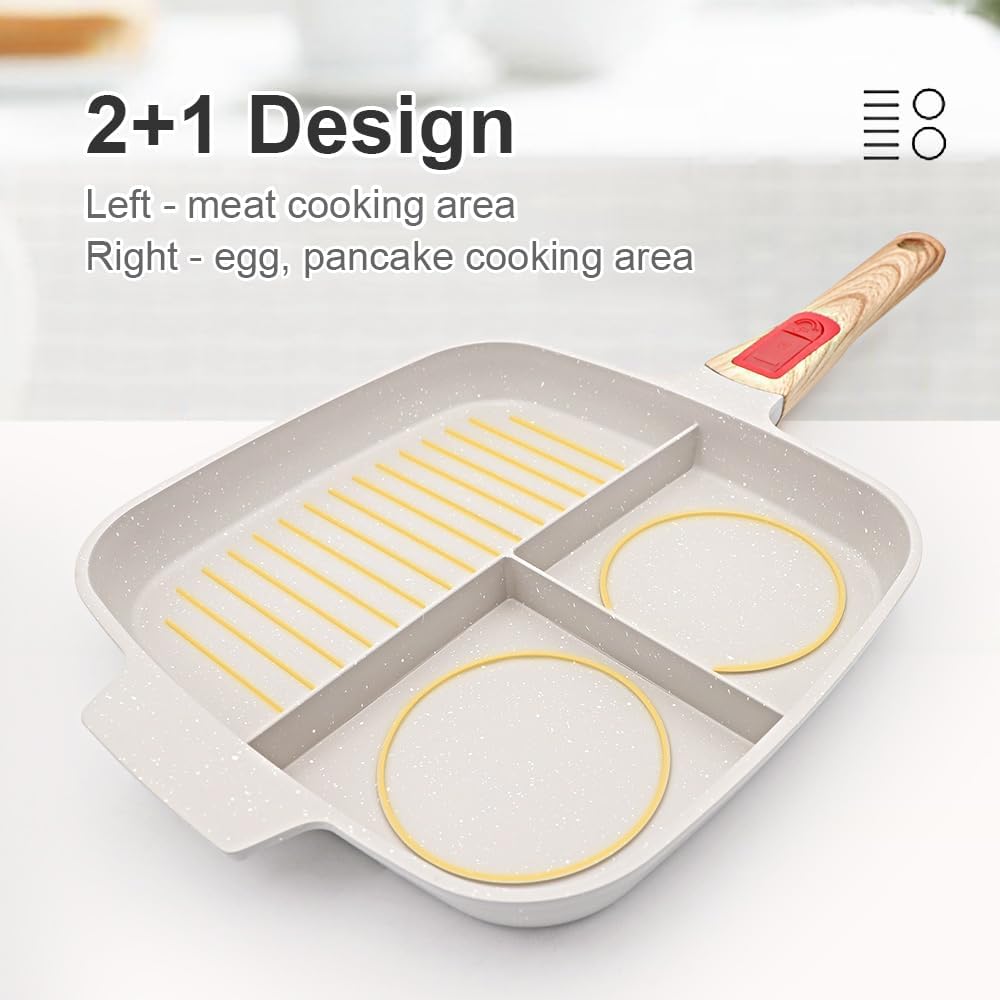 Bobikuke Multi Grillpfanne mit Deckel und Abnehmbarer Griff, Steakpfanne Induktion 3 in 1 - Weiss We