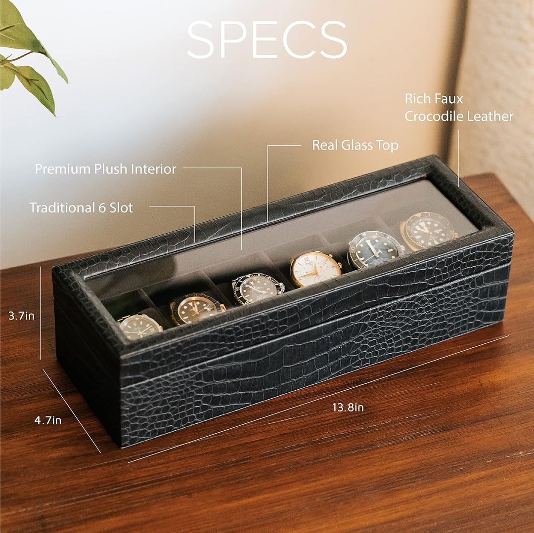 CASE ELEGANCE Uhrenschatulle in Elegantem, Schwarzem, Kunst-Krokodilleder mit Echtem Glas Gator, Gat