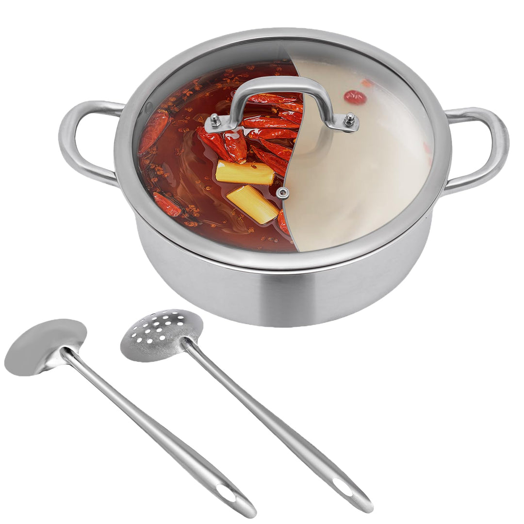 Hot Pot Edelstahl Hotpot Topf mit Glasdeckel, Suppenkelle & Sieb, Chinesischer Hot Pot Fondue Edelst