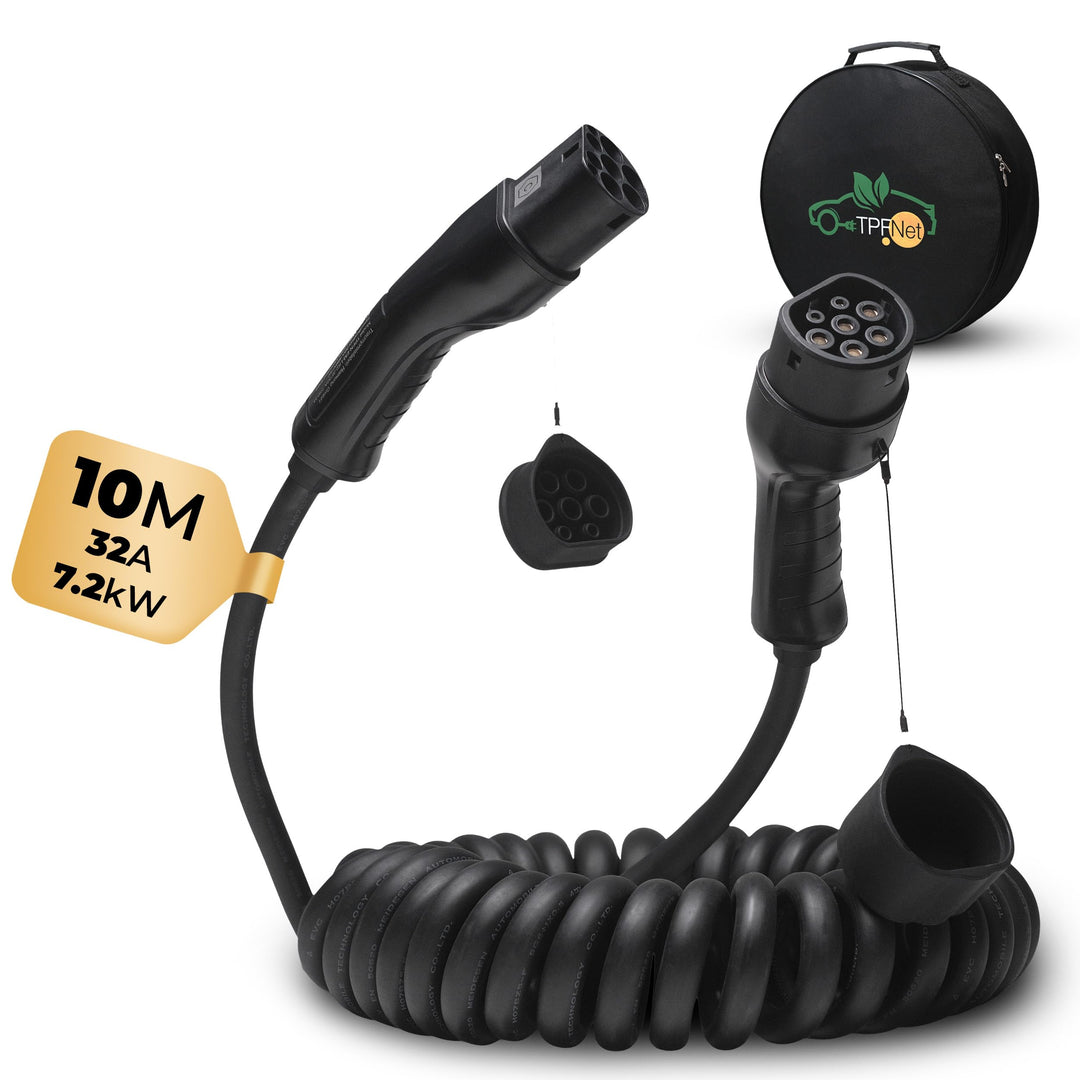 TPFNet Typ 2 Spiral Ladekabel 10m für Elektroauto PHEV Hybrid 7,2kW 32A E-Auto Ladekabel 1 phasig 10