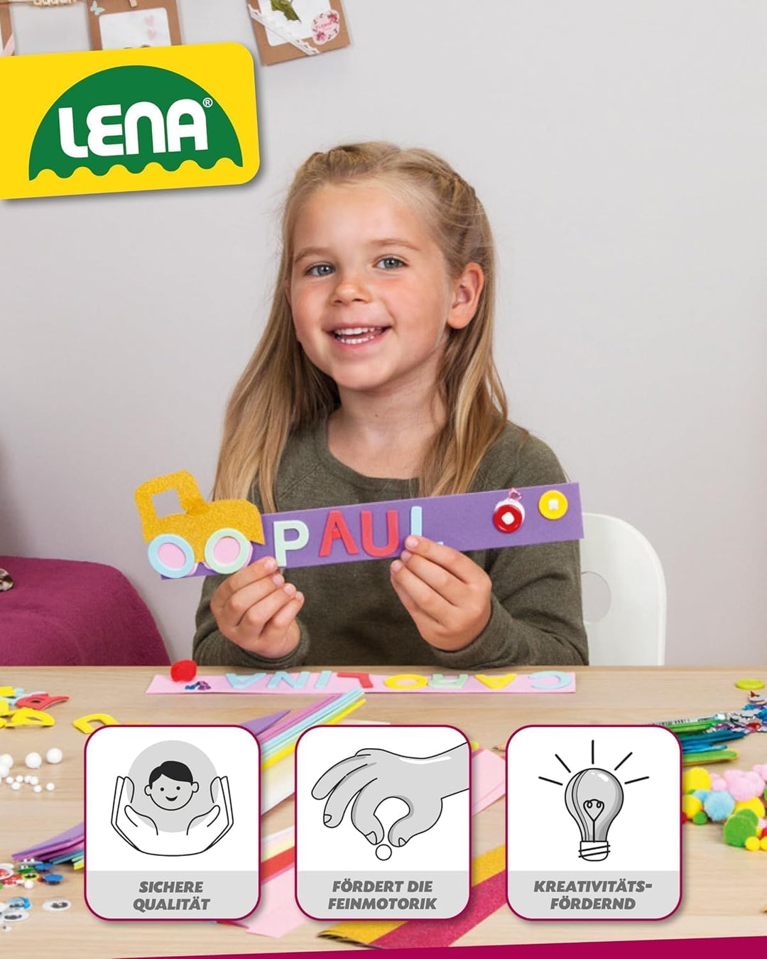 Lena 42665 Bastelkoffer mit 800 Teile Farben, Material zum Basteln, mit Moosgummi, Buntpapier, Pompo