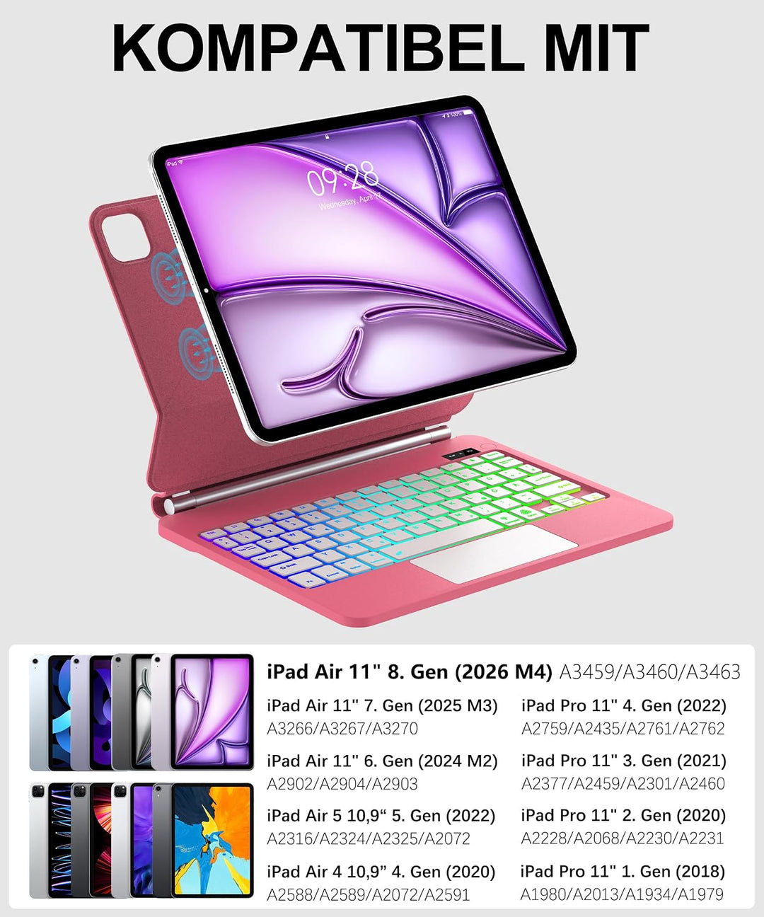 JADEMALL Magic Keyboard für iPad Air 11" (M4 2026/M3 2025/M2 2024) - QWERTZ Tastatur mit Beleuchtung