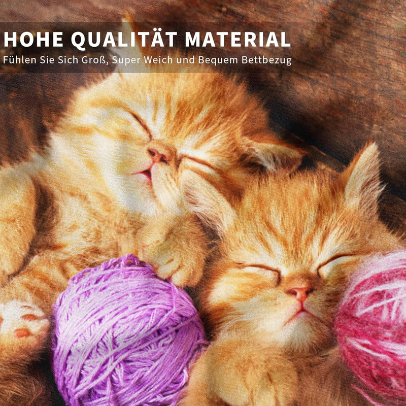 Katze Bettwäsche Set 135 x 200 cm, Tiermotiv, Kinderbettwäsche, Cat Muster Bettbezug 3D Haustier Kat