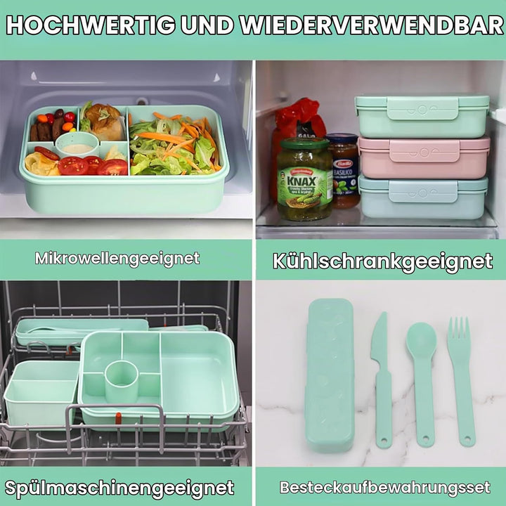 Bugucat Lunchbox Kinder 1300ML 2 Set, Brotdose Kinder mit 5 Fächern Bento Box Brotdosen mit Bestecks