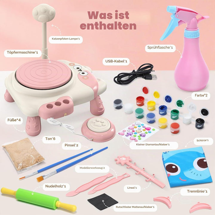 Skirfy Elektrische Töpferscheibe für Kinder, Keramik-Töpferset mit Licht und Malset, einstellbare Ge