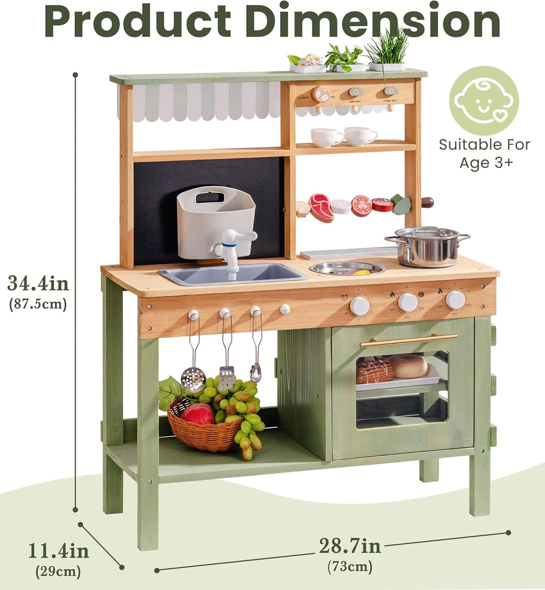 ROBOTIME Mud Kitchen Spielset für Kinder, Deluxe Outdoor-Holzküche mit funktionierendem Wasserhahn,