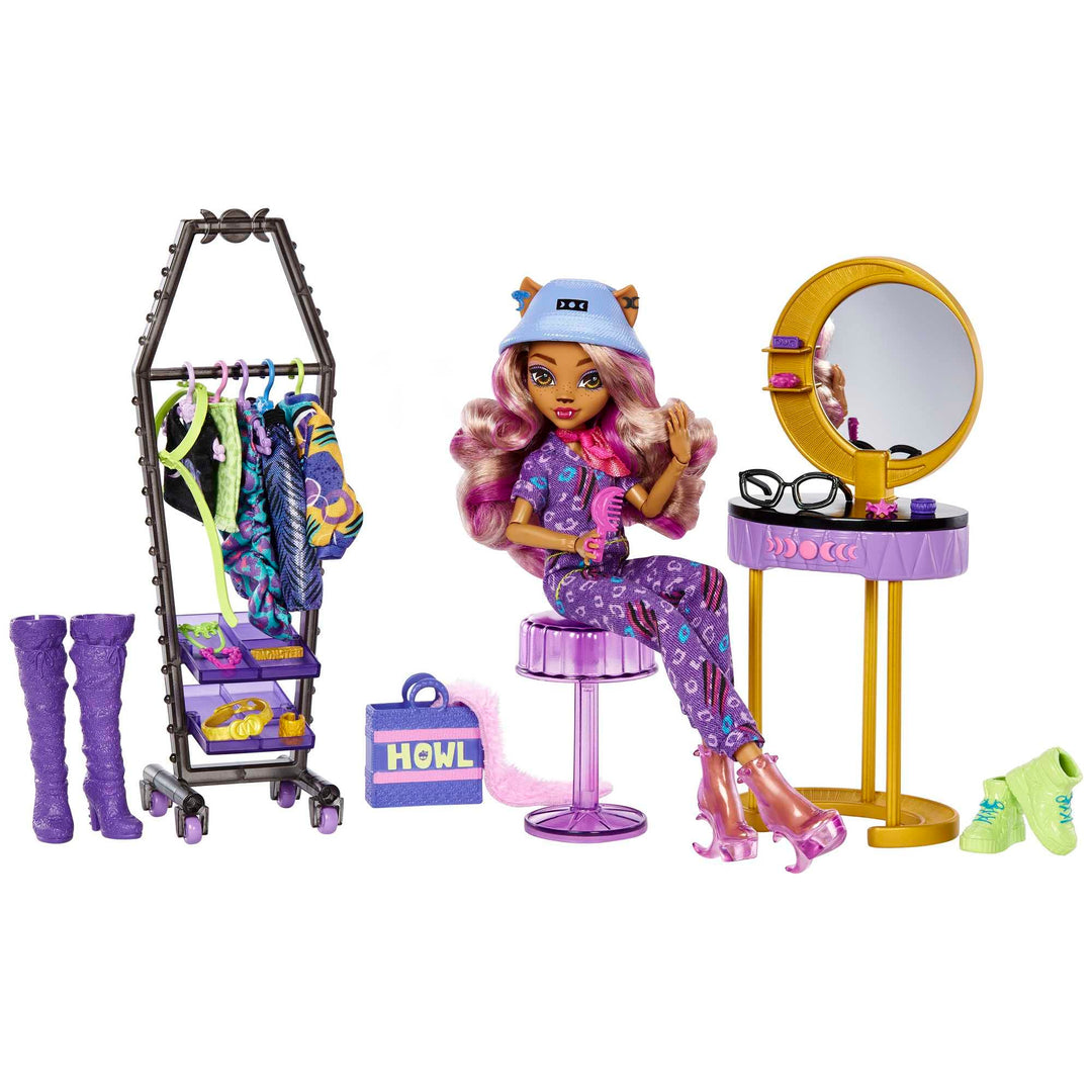 Monster High HKY70 - Spielset mit Puppe und Mode, Clawdeen Wolf Puppe und Zubehör, Boutique-Ankleide