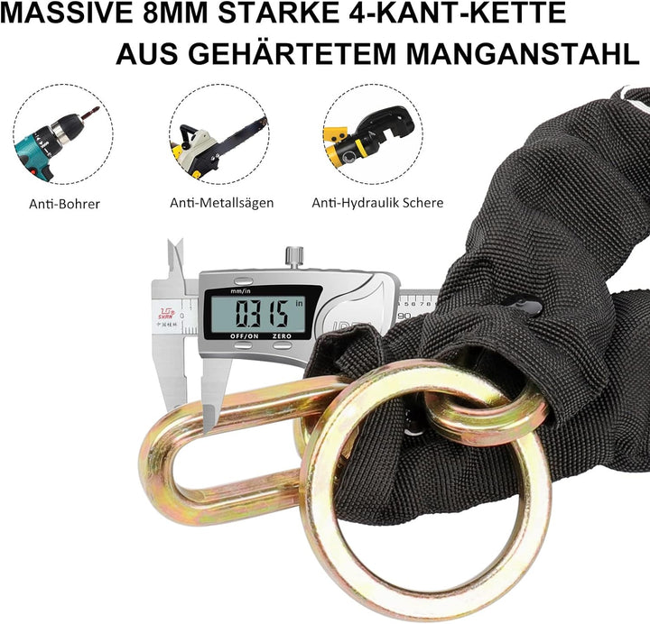 INTEKIN Fahrrad Kettenschloss aus 8mm gehärtetem Stahl, 96cm lang Motorradschloss/Fahrradschloss Ket