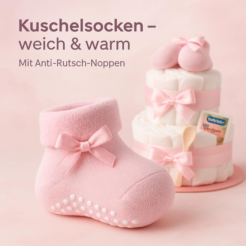 Windeltorte 2 stöckig in Rosa mit Babysocken für Mädchen, Pinkelparty Geschenke zur Geburt, Taufe od
