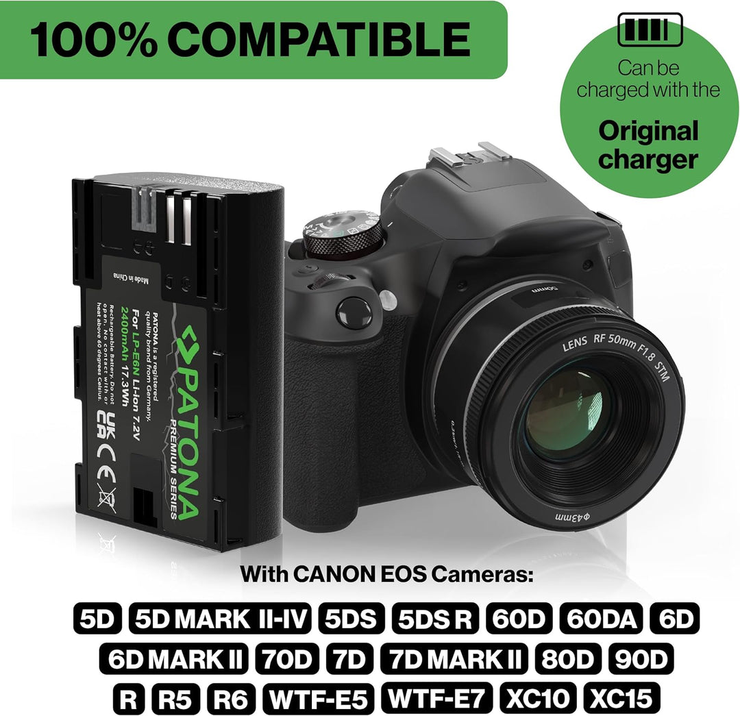 PATONA 2X Premium Akku LP-E6N Kompatibel mit Canon EOS R5 R6 7D 6D 5D Mark II III 80D 90D