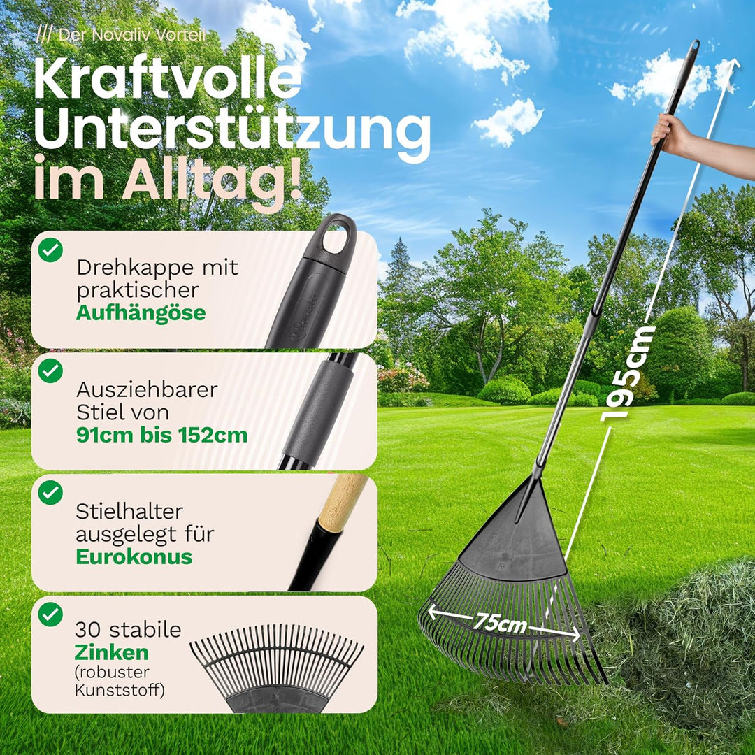 Novatool Laubbesen mit Teleskop-Stiel bis 152cm, Laubfeger mit 30 Kunststoff-Zinken, Rechen Arbeitsb