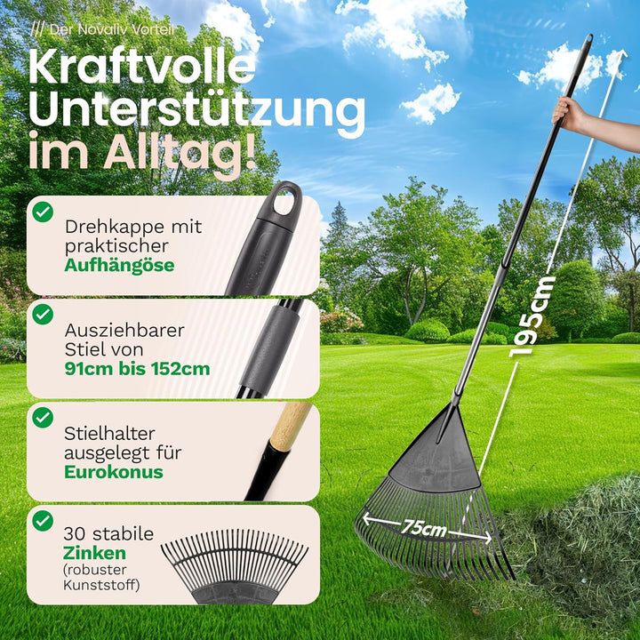 Novatool Laubbesen mit Teleskop-Stiel bis 152cm, Laubfeger mit 30 Kunststoff-Zinken, Rechen Arbeitsb