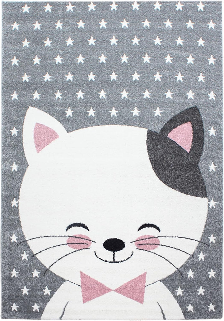 HomebyHome Kinderteppich Kurzflor Katze Lächeln Design Kinderzimmer Babyzimmer Spielzimmer 11 mm Flo