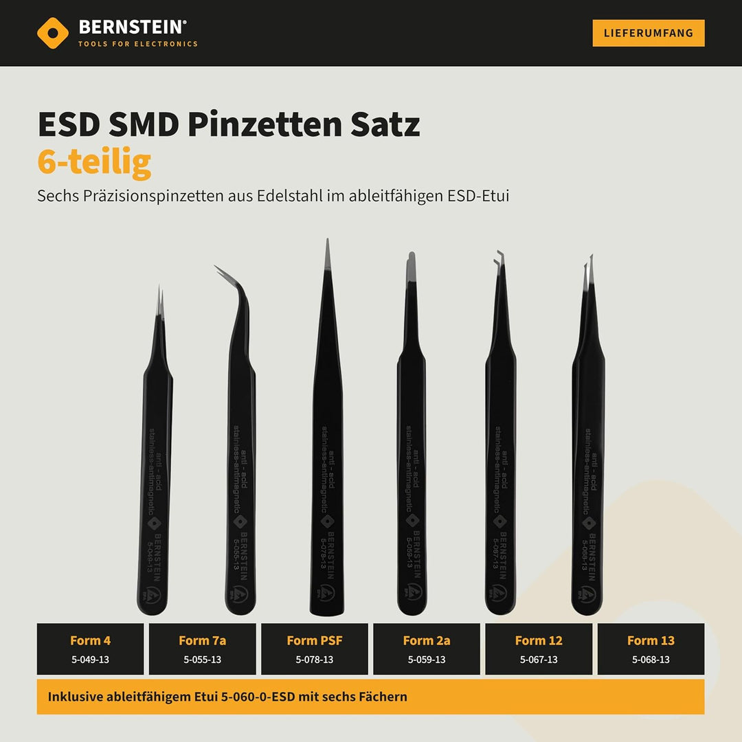 BERNSTEIN ESD Pinzetten Set 6 tlg. | Präzisionspinzette spitz gebogen, entgitterwerkzeug plotter, lö