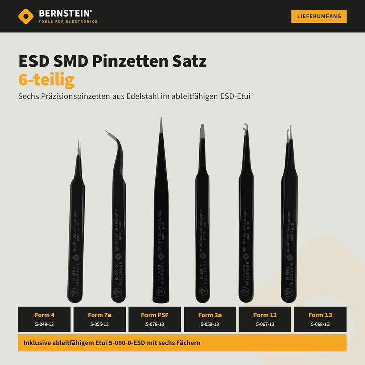 BERNSTEIN ESD Pinzetten Set 6 tlg. | Präzisionspinzette spitz gebogen, entgitterwerkzeug plotter, lö