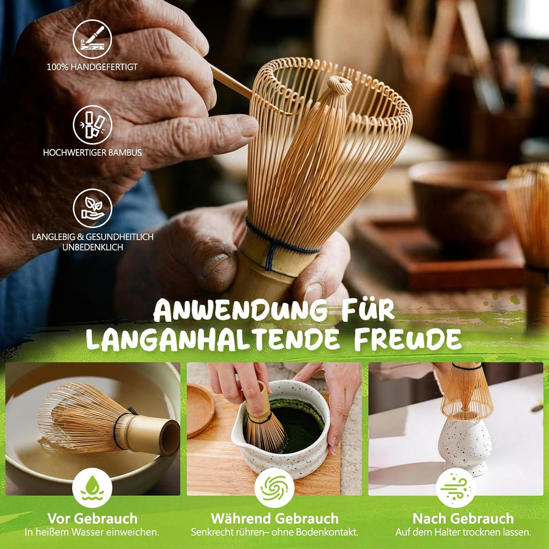 Matcha Set 7-teilig | Premium Tee-Zeremonie Set mit Matcha-Schale, Bambus-Chasen (100+ Spitzen), Hal