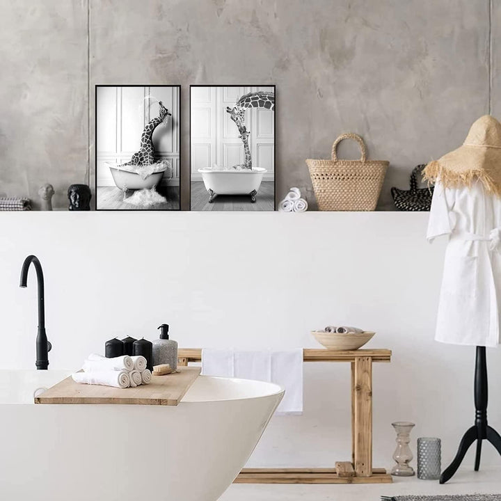 WADBTP Badezimmer Bilder,Schwarz Weiss Bilde,Lustige Tier in der Badewanne Leinwand Bilder für Wohnz