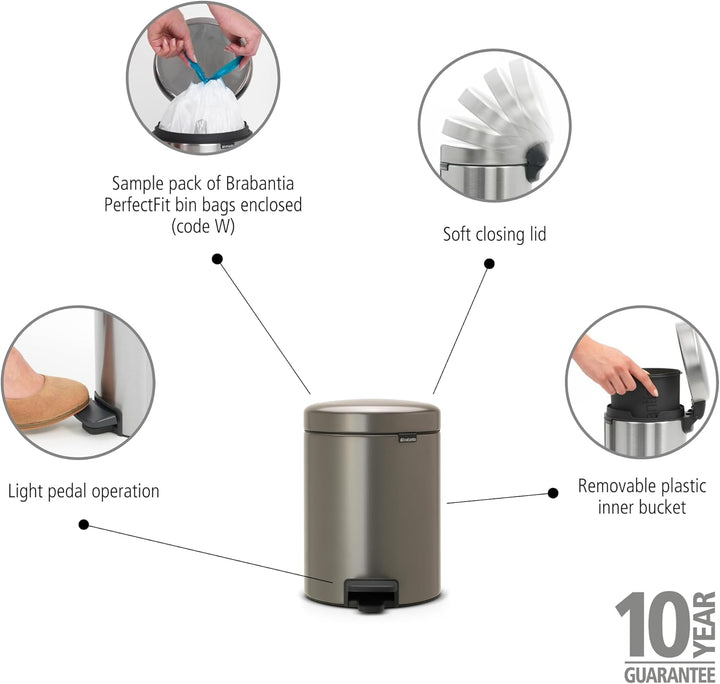 Brabantia Treteimer mit Inneneimer, 5L, aus Kunststoff, stahl, Platinum 5 Liter Platinum, 5 Liter Pl