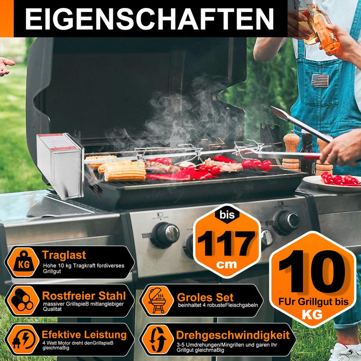 Grillspiess Set, Universal Rotisserie mit 2X Fleischnadeln BBQ Fleischklammer, Griffstück und Edelst