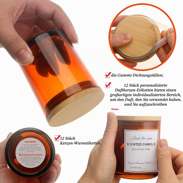 MILIVIXAY Bernsteinfarbene Kerzengläser aus Glas mit Deckeln und Kerzenherstellungs-Sets, leere Kerz