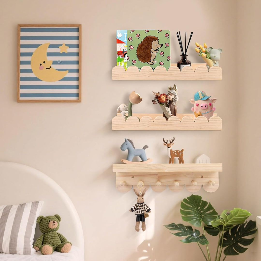 3er Set Bücherregal Kinder Wand, Wandregal Kinderzimmer 40cm, Holz Wandregal Bücher Schweberegale mi
