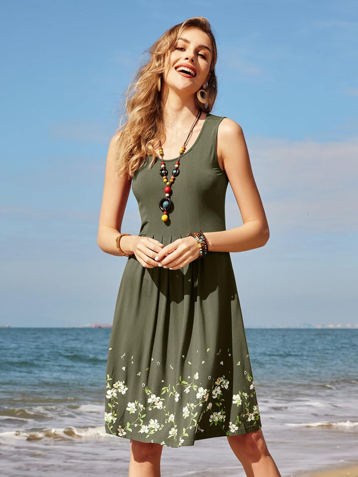 KILIG Sommerkleid Damen Strandkleid Midi Ärmellose Kleid Sommer Leicht Blumenkleid Freizeitkleid A1-