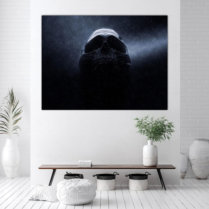 wandmotiv24 Totenkopf Wandbild aus Acrylglas, Grösse 60x45cm, Querformat, Schwarzer Schädel im Regen