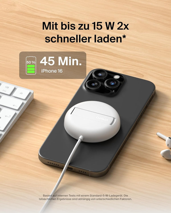 Belkin Magnetisches Kabelloses Ladegerät (15W) mit Ständer – zertifiziertes MagSafe Ladegerät, Qi2 L