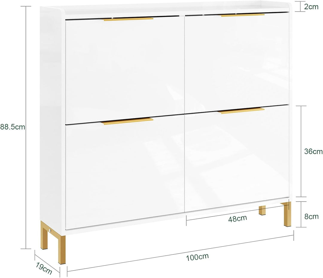 SoBuy Schuhkipper Schmal Schuhschrank Schmal mit 4 Klappen– Hochglanz Weiss mit Goldgriffen, 19cm Ti
