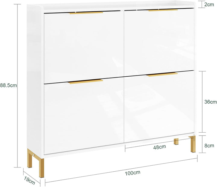 SoBuy Schuhkipper Schmal Schuhschrank Schmal mit 4 Klappen– Hochglanz Weiss mit Goldgriffen, 19cm Ti