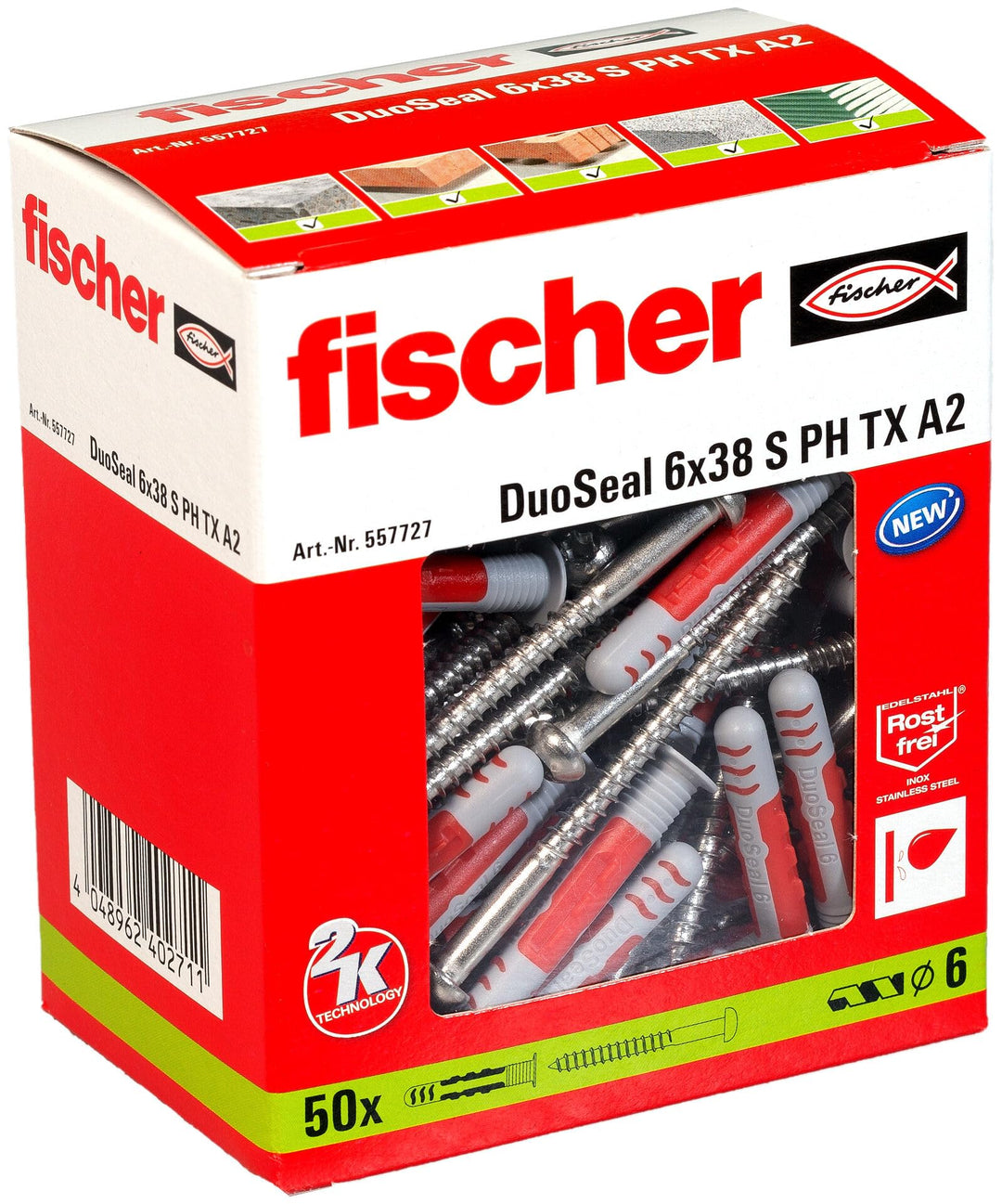 fischer DuoSeal 6 x 38 S, Universaldübel für Nassbereiche (50 Stk.) mit Schrauben, leistungsstarke D