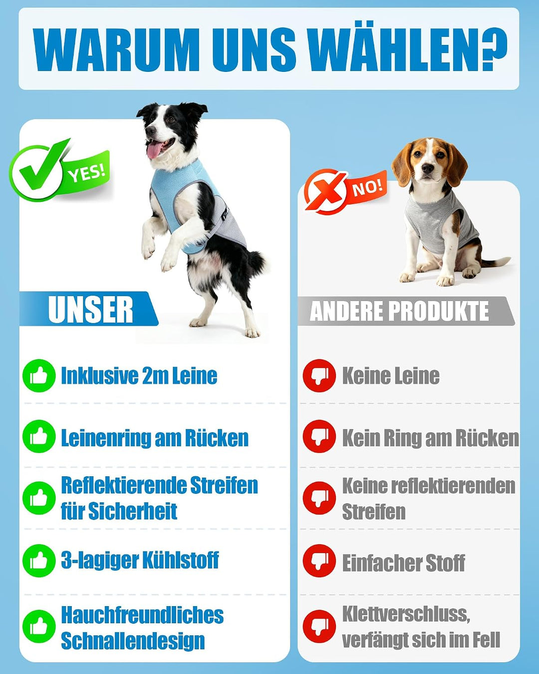 Kühlweste Hund mit 2 m Leine, Hunde Kühlweste für Kleine und Grosse Hunde, Reflektierende und Atmung