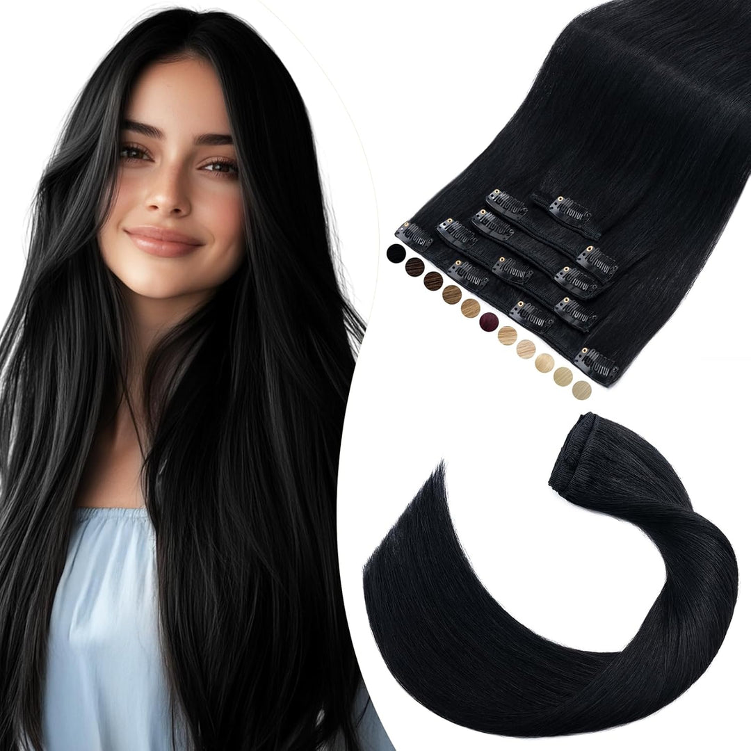 Elailite Clip in Extensions Echthaar, 5 Pcs Remy Haarverlängerung mit 12 Clips, 60cm-75g Glattes Haa