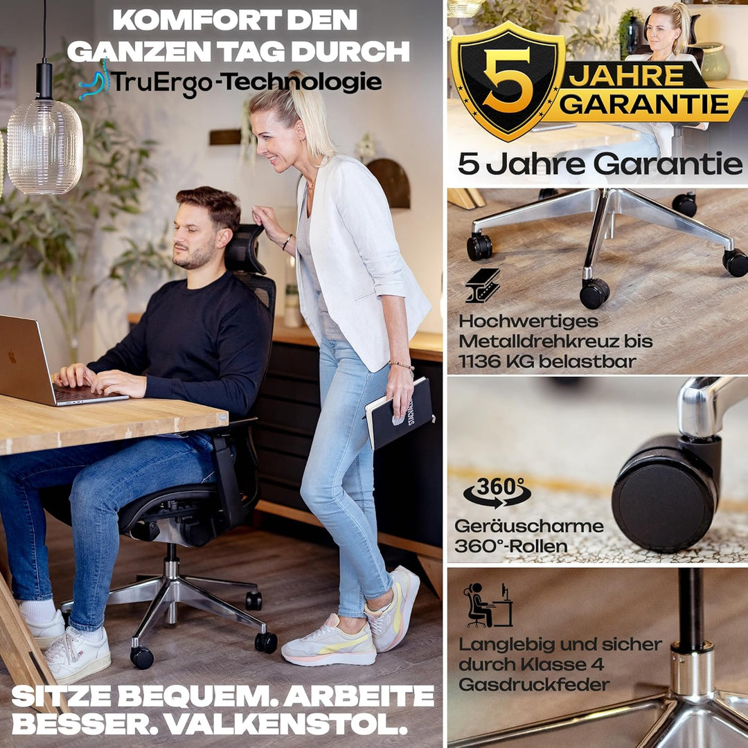 VALKENSTOL M6 Ergonomischer Bürostuhl 150 KG [Grosse Menschen, Schaumstoff-Sitz] Bürostuhl Ergonomis