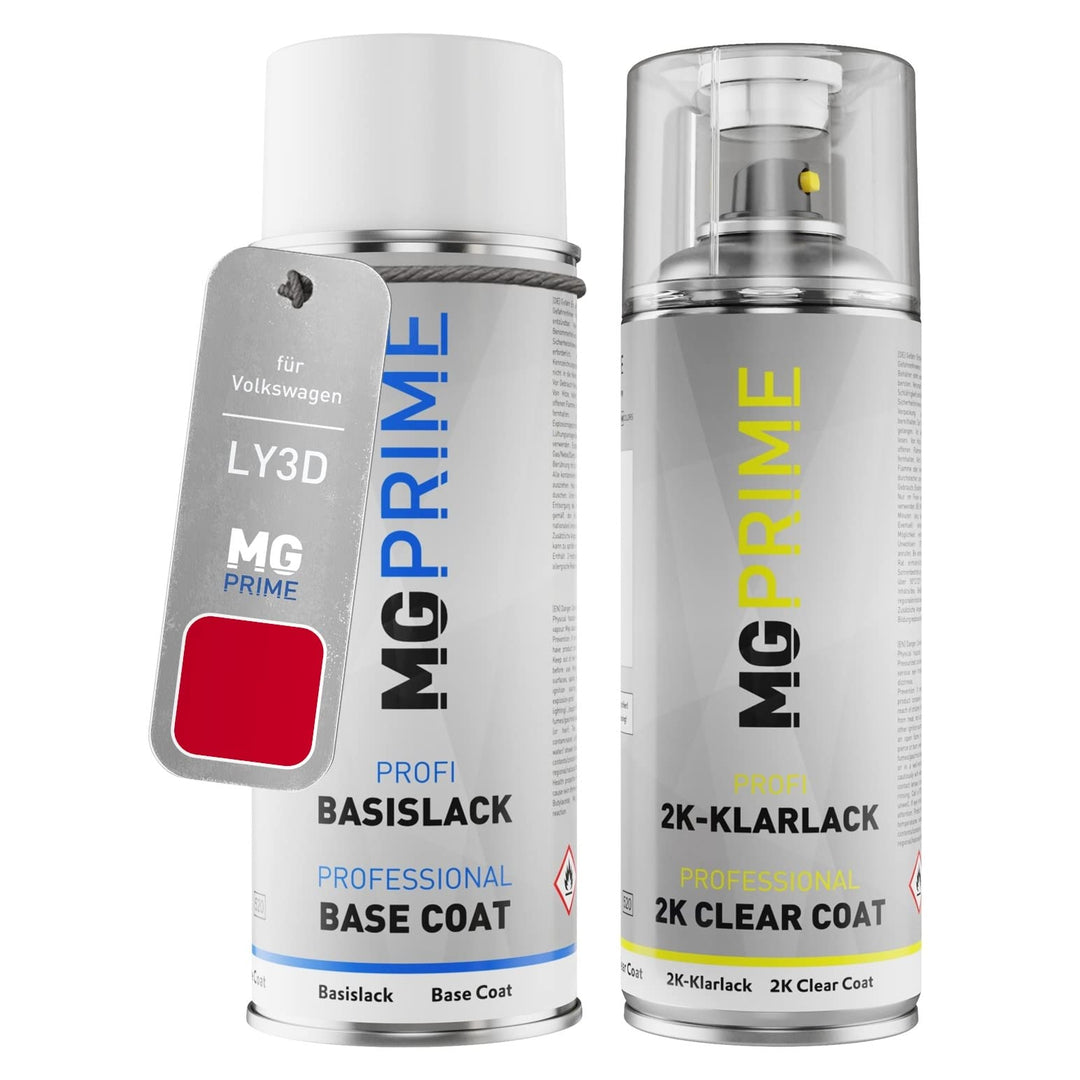 MG PRIME Autolack 2K Spraydosen Set für Volkswagen VW LY3D / Y3D / G2 Tornadorot/Tornado Red Basisla
