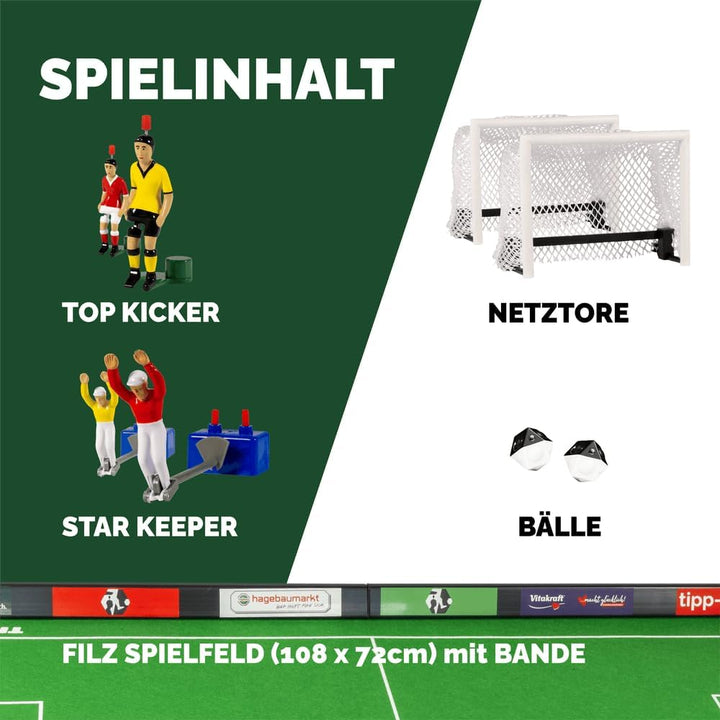 TIPP-KICK Cup 108x71 cm mit Bande – Das spielfertige Set mit 2X Spieler, 2X Torwart, 2X Netztor, 2X