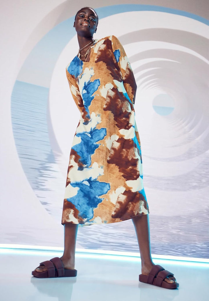 Cartoon Damen Casual-Kleid mit Gürtel 36 Braun/Blau, 36 Braun/Blau